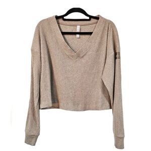 Women's Alo Yoga Muse V-Neck Pullover Tan, Cropped, Ribbed, Size S